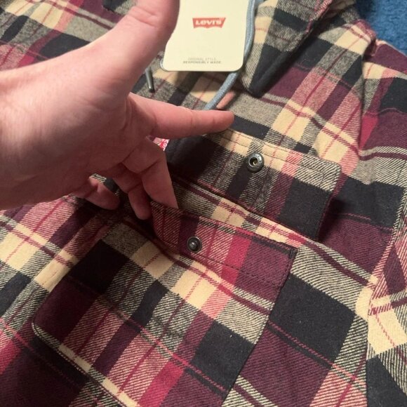Levi's Plaid Flannel Sherpa Lined Shacket Mens L Hooded Cozy Gorpcore Workwear - Picture 5 of 16
